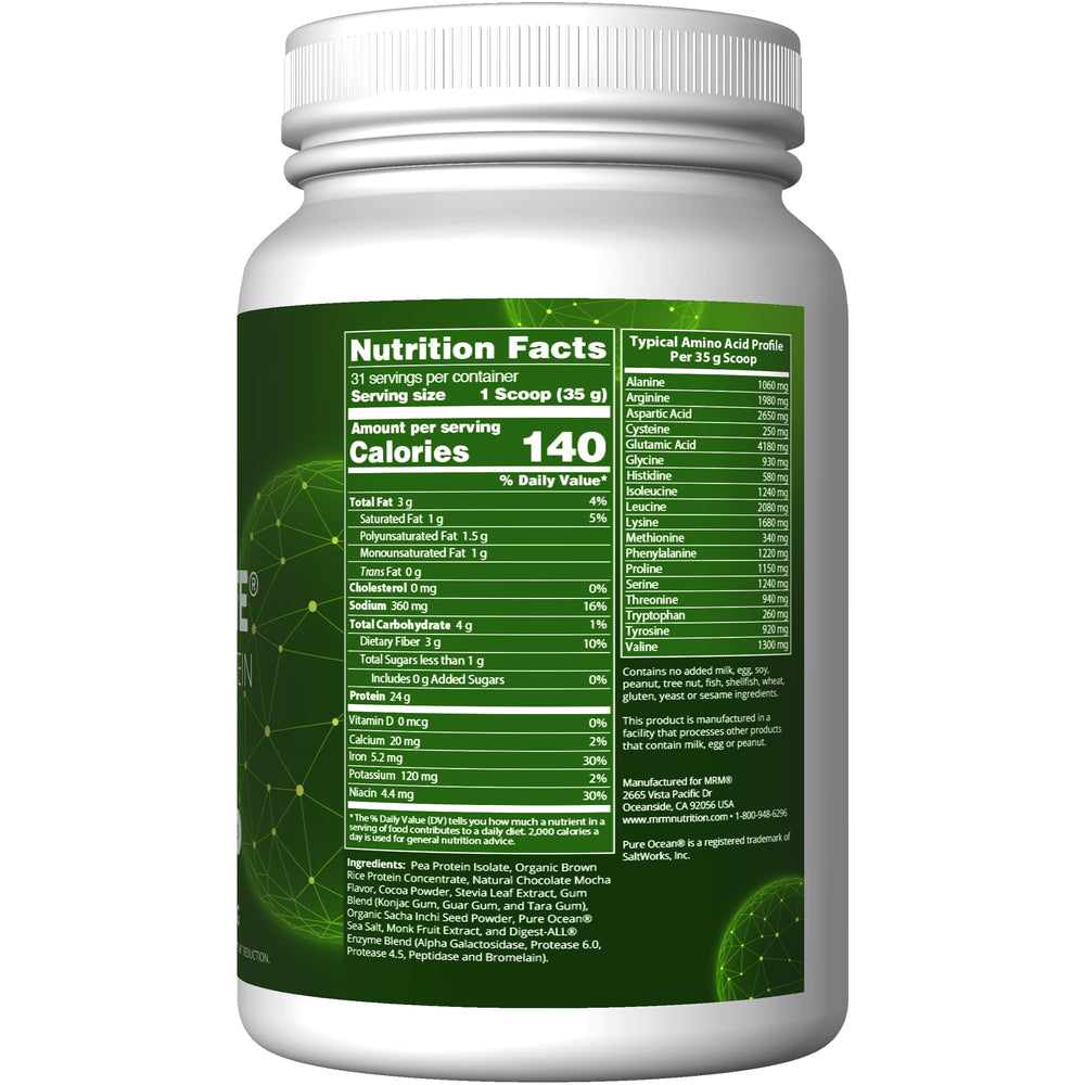 MRM Veggie Elite Protein Chocolate Mocha nutrition panel showing 24g protein per serving.