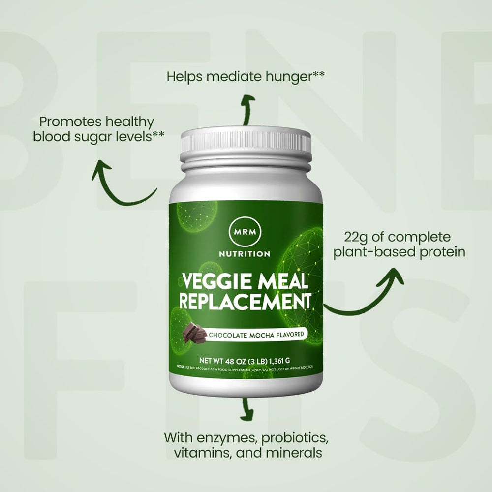 Close view of natural ingredients in MRM Veggie Meal Replacement Chocolate Mocha blend.