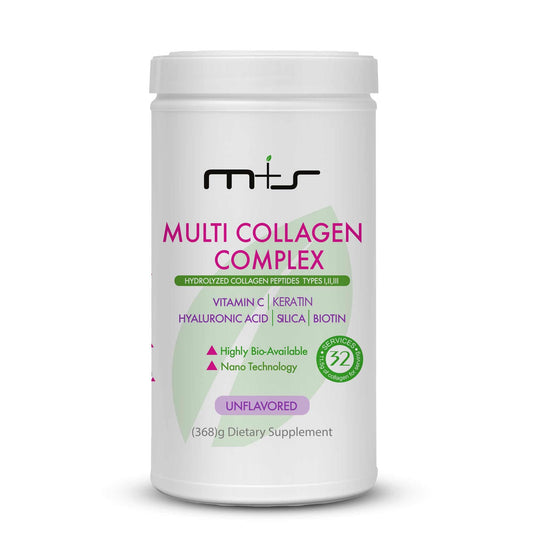 M+S Multi Collagen Complex bottle on a counter for daily skin and joint support.