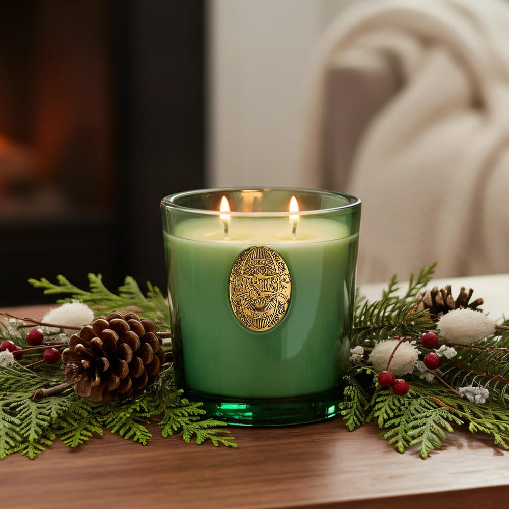M&SENSE emerald green vessel candle enhances living room ambiance.