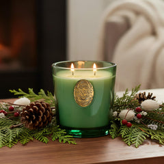 M&SENSE emerald green vessel candle enhances living room ambiance.