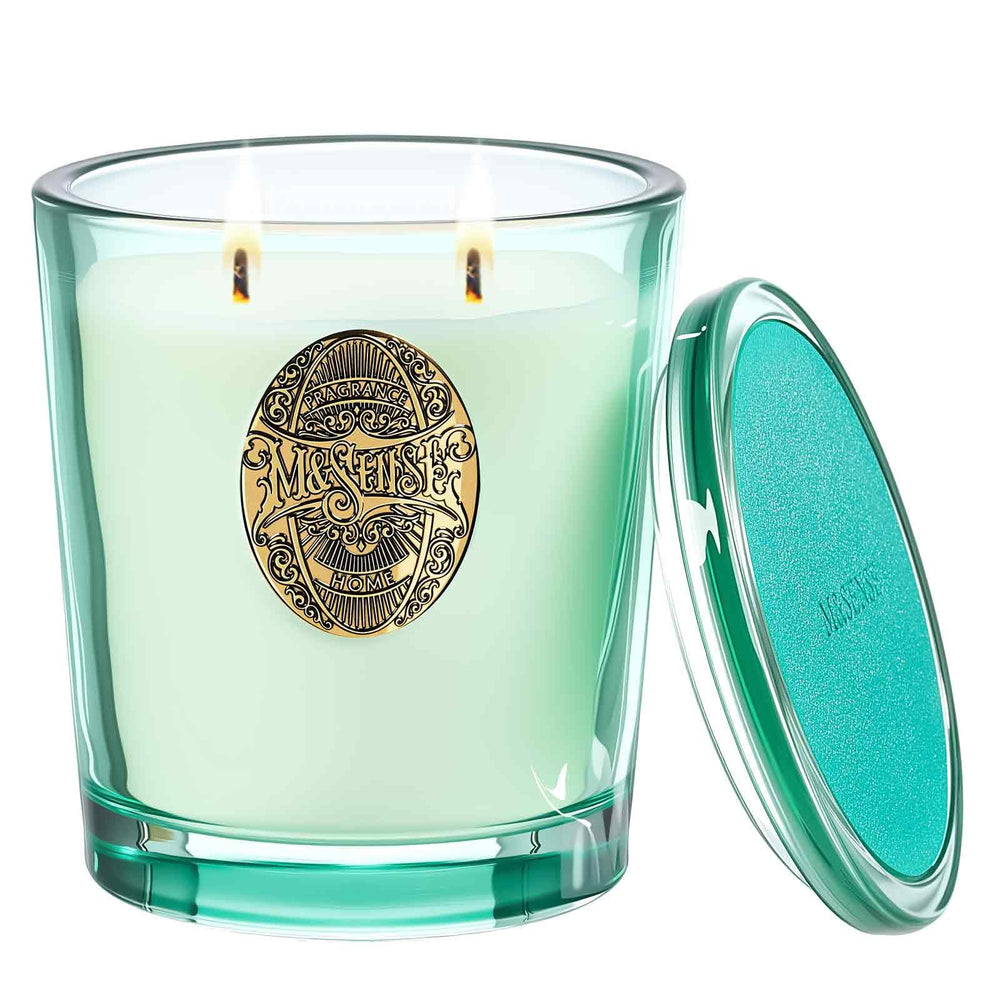 M&SENSE large two-wick clean soy candle with fresh linen aroma enhances home ambiance