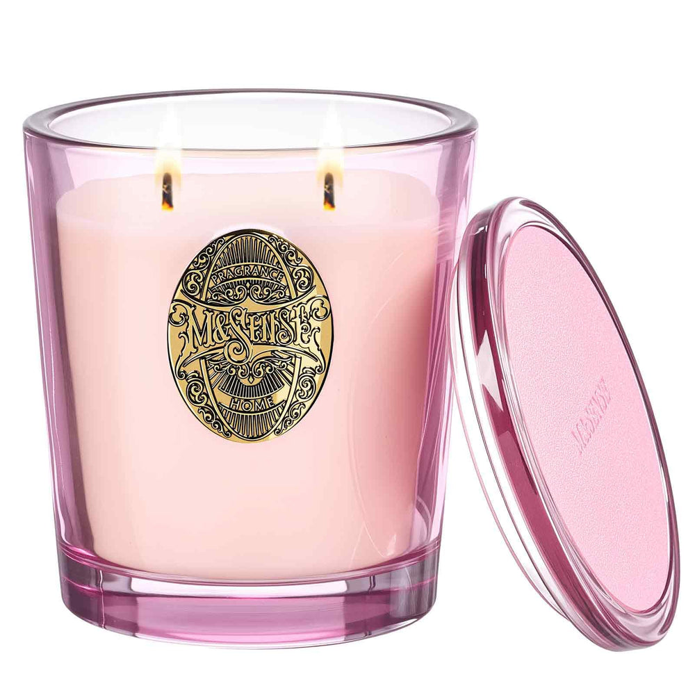 M&SENSE Large Two-Wick Soy Candle Saltwater Rose & Pink, front label signaling long-lasting aroma.