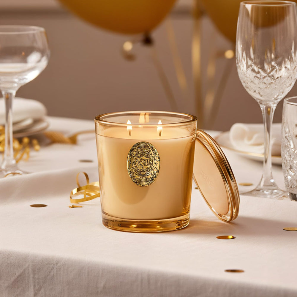 M&SENSE two-wick soy candle closeup demonstrates even burn for long-lasting fragrance.