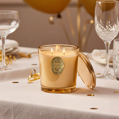M&SENSE two-wick soy candle closeup demonstrates even burn for long-lasting fragrance.