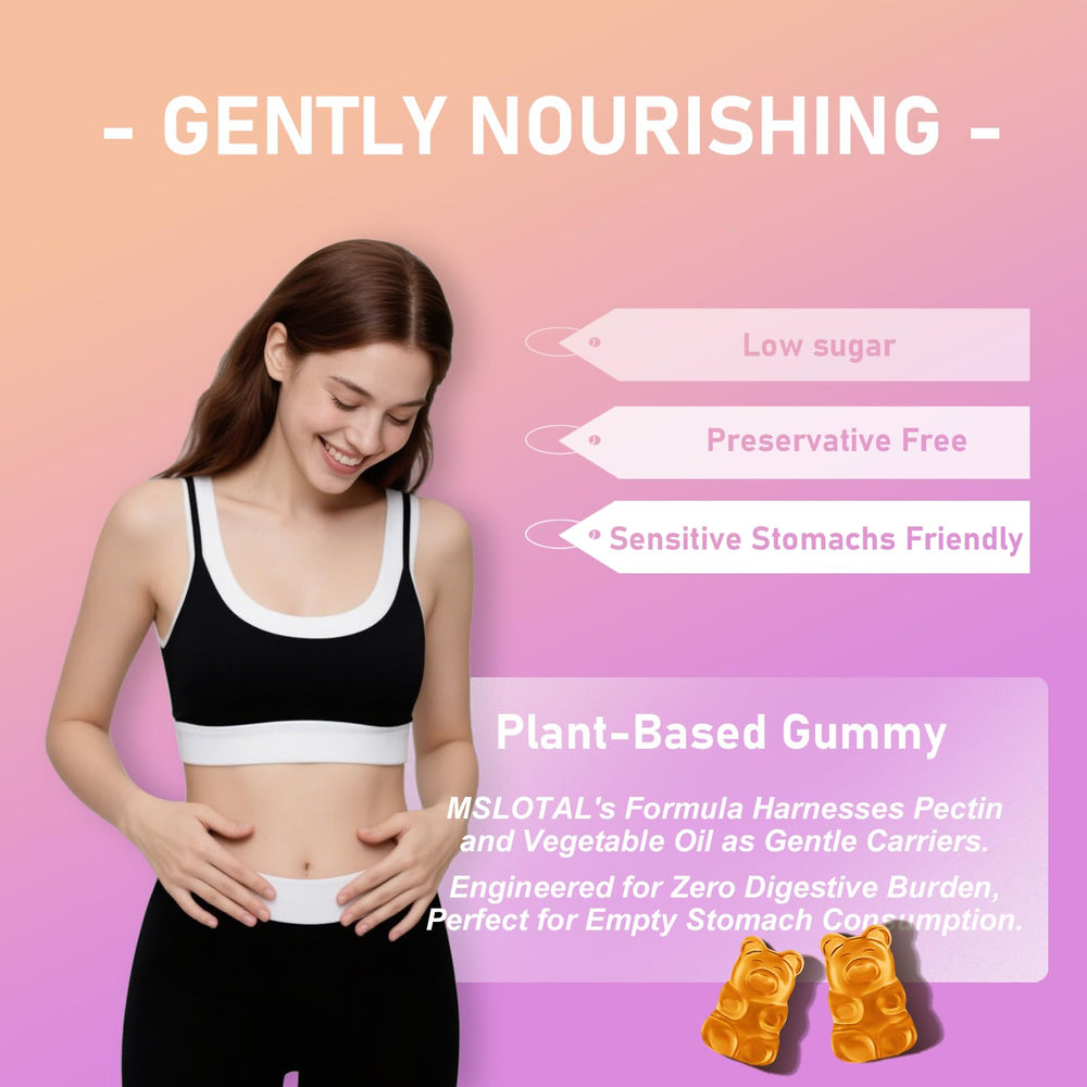 MSLOTAL calcium citrate gummies close-up showing peach flavor and vitamin D3 boost