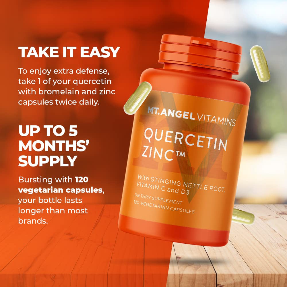 Mt. Angel immune support bottle arranged on a clean counter setup.