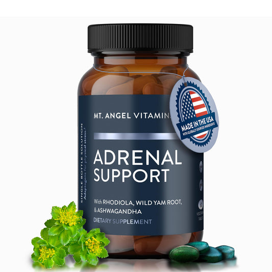 Mt. Angel Vitamins Adrenal Support bottle shown for daily calm and balanced mood.