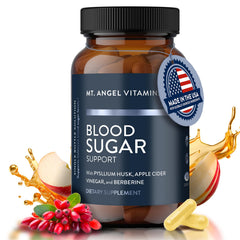 Mt. Angel Vitamins Blood Sugar Support bottle shown with capsules for daily use.