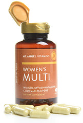 Mt Angel Vitamins bottle on mint background conveys premium quality for daily use.