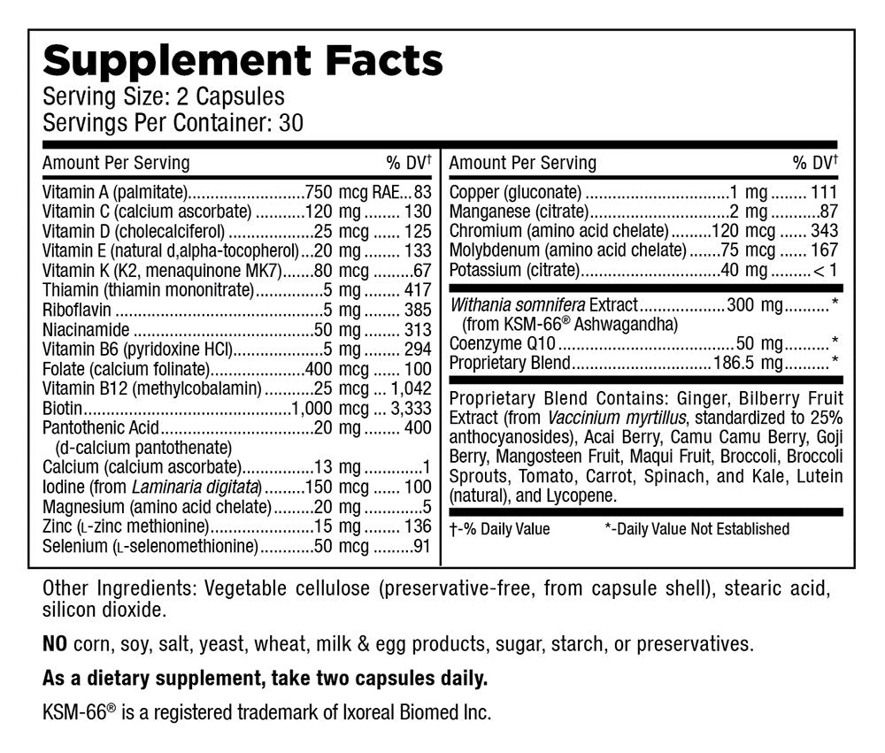 Close-up of Mt Angel Vitamins label highlighting essential nutrients for daily use.