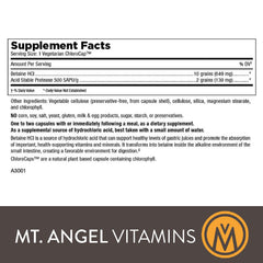 Mt. Angel Vitamins HCl Betaine box highlighting non GMO and gluten free formula