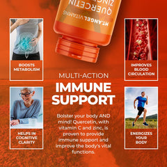 Mt. Angel Zinc Quercetin bottle displays vitamin C and D3 components.