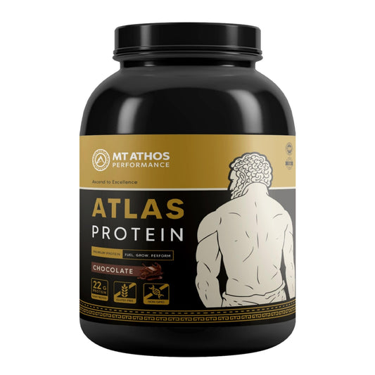 Mt. Athos Atlas packaging showing chocolate protein powder with clean formula for steady protein intake