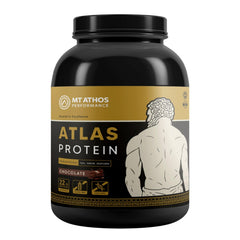 Mt. Athos Atlas packaging showing chocolate protein powder with clean formula for steady protein intake