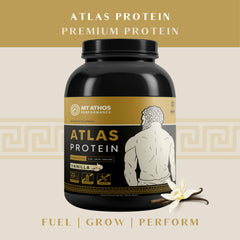 Mt. Athos Performance Atlas Vanilla Protein Powder ingredients shot highlighting goat milk and casein.