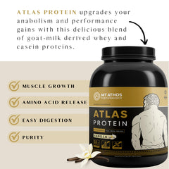 Mt. Athos Performance Atlas Vanilla Protein Powder in a shake glass, emphasizing smooth texture.