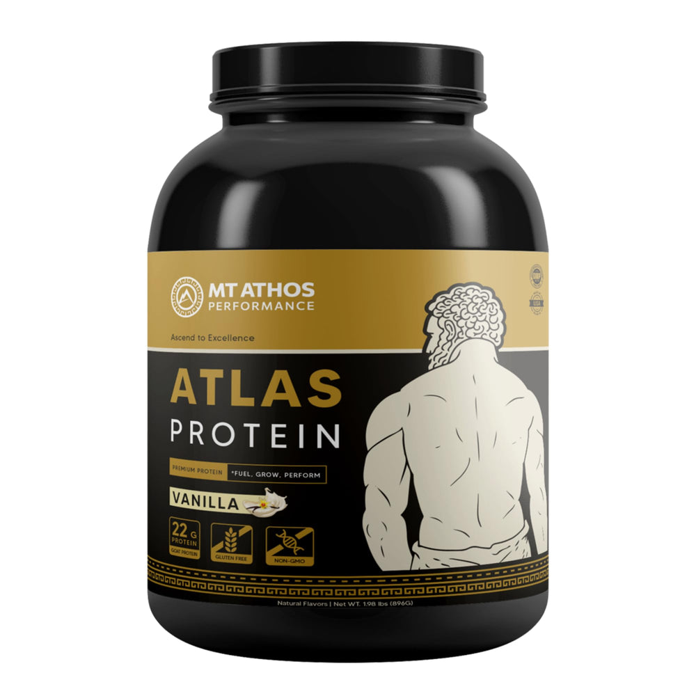 Mt. Athos Performance Atlas Vanilla Protein Powder tub front, goat milk blend for smooth digestion.