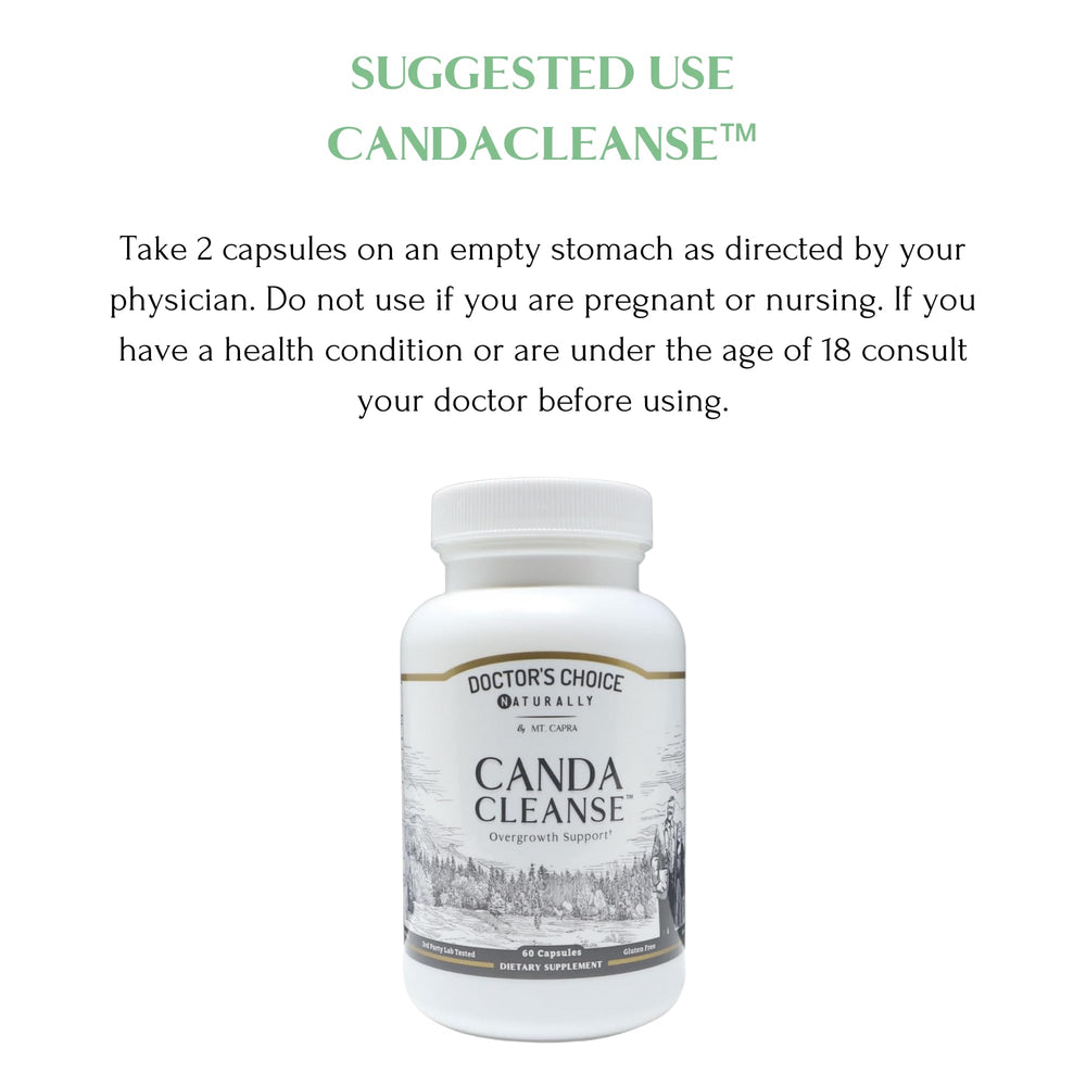 Mt. Capra CandaCleanse packaging closeup emphasizes daily use and capsule count