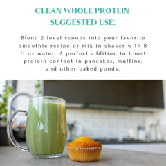 Mt Capra Clean Whole Protein scoop close-up highlights convenient 13-serving size.