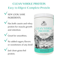 Mt Capra Clean Whole Protein serving pour demonstrates easy mixing for smoothies.