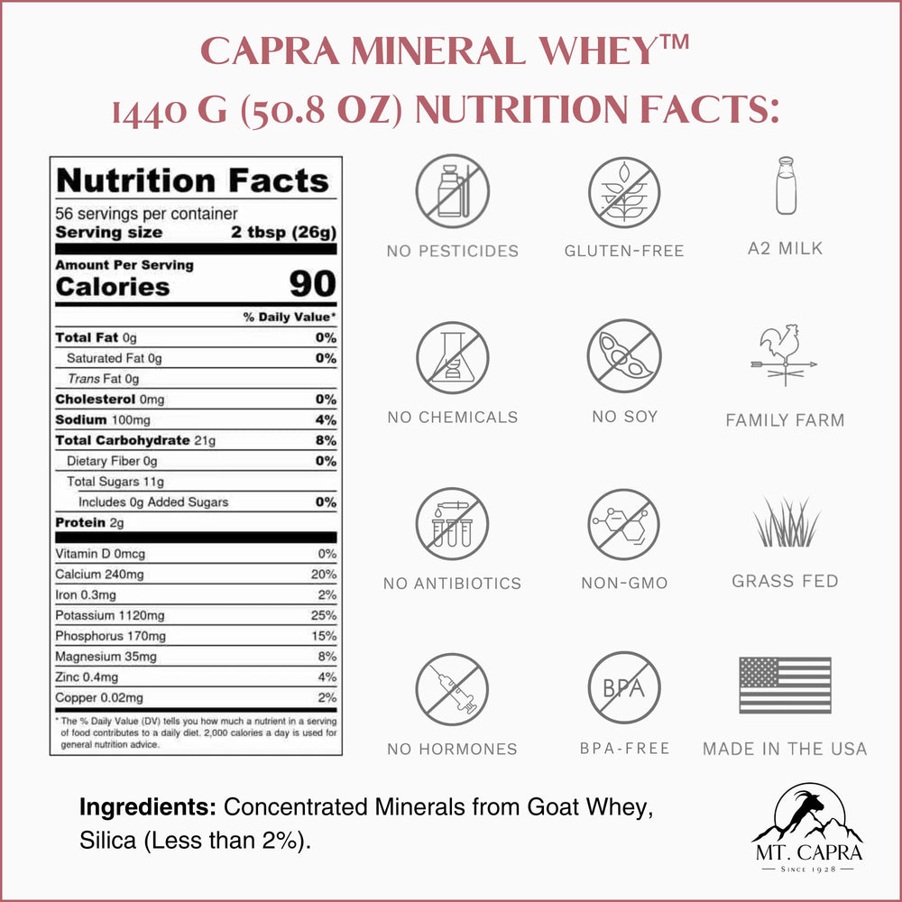 Mt Capra Mineral Whey powder scoop beside a glass ready to mix