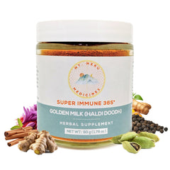 Mt. Meru Medicines Golden Milk Superblend tub ready to mix for a comforting latte