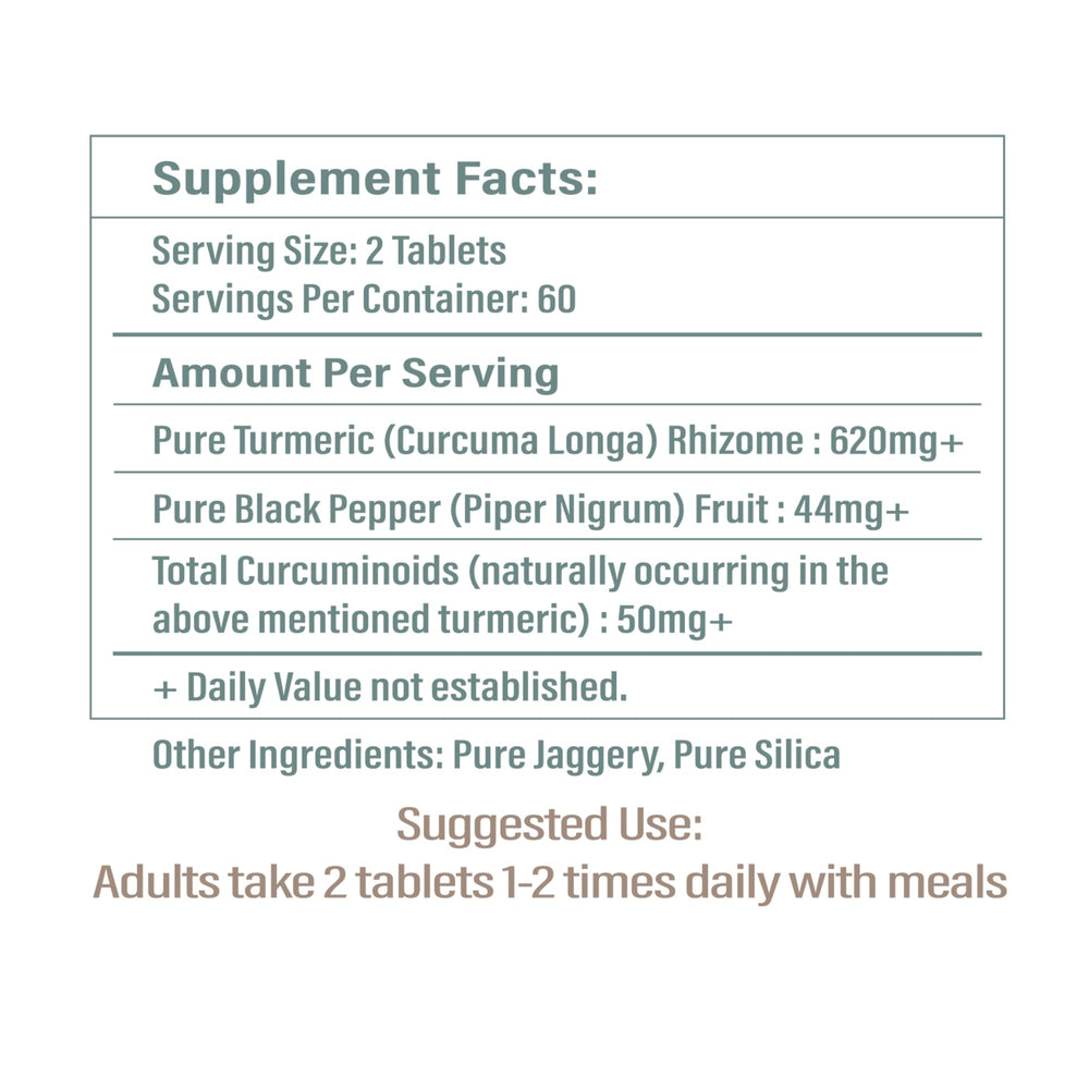 Mt. Meru turmeric tablets ingredients label shows additive-free formulation for clean wellness.