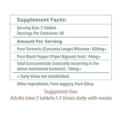 Mt. Meru turmeric tablets ingredients label shows additive-free formulation for clean wellness.