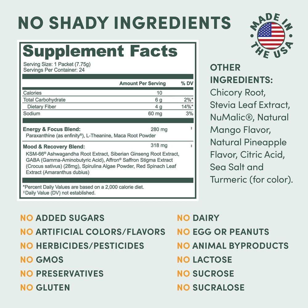 Ashwagandha, L-Theanine, and saffron blend for calm focus and mood.