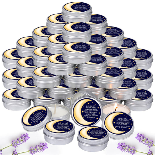 MTLEE Over the Moon candles in a tin box ready for 50-guest baby showers.