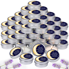 MTLEE Over the Moon candles in a tin box ready for 50-guest baby showers.