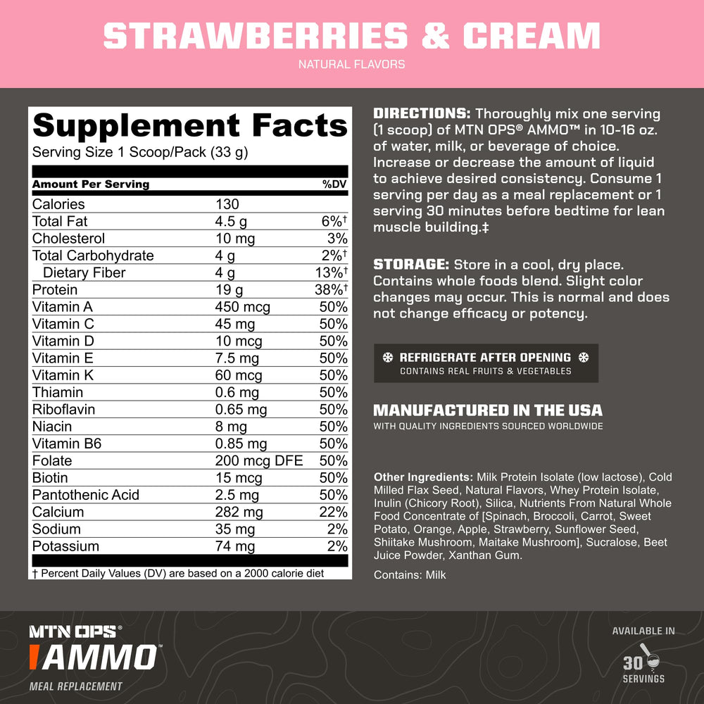 Close-up of MTN OPS Ammo label showing natural ingredients and nutrition details.
