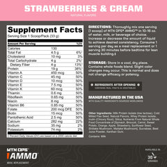 Close-up of MTN OPS Ammo label showing natural ingredients and nutrition details.