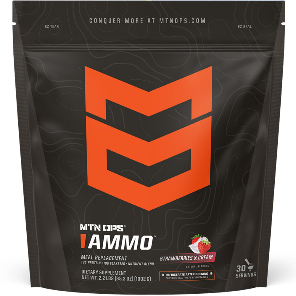 MTN OPS Ammo meal replacement shake can in strawberry cream flavor, protein-packed for on-the-go fuel.