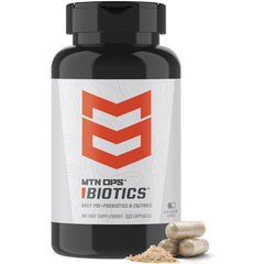 MTN OPS Biotics bottle and label highlighting probiotic blend for daily gut balance.