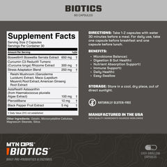 MTN OPS Biotics capsules close-up showing easy daily intake for digestive comfort.