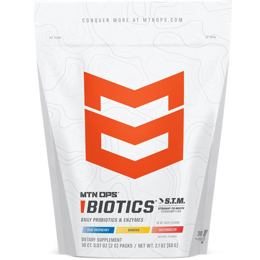 MTN OPS Biotics STM bottle pour showing quick-dissolve probiotic benefit on the go