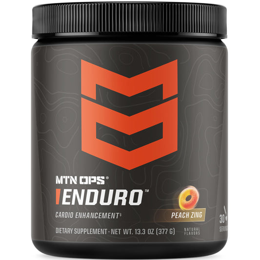 MTN OPS Enduro bottle closeup, stimulant-free formula with peach zing