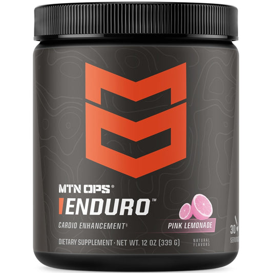 MTN OPS Enduro Pink Lemonade tub highlighting a gluten-free, stimulant-free pre-workout option.