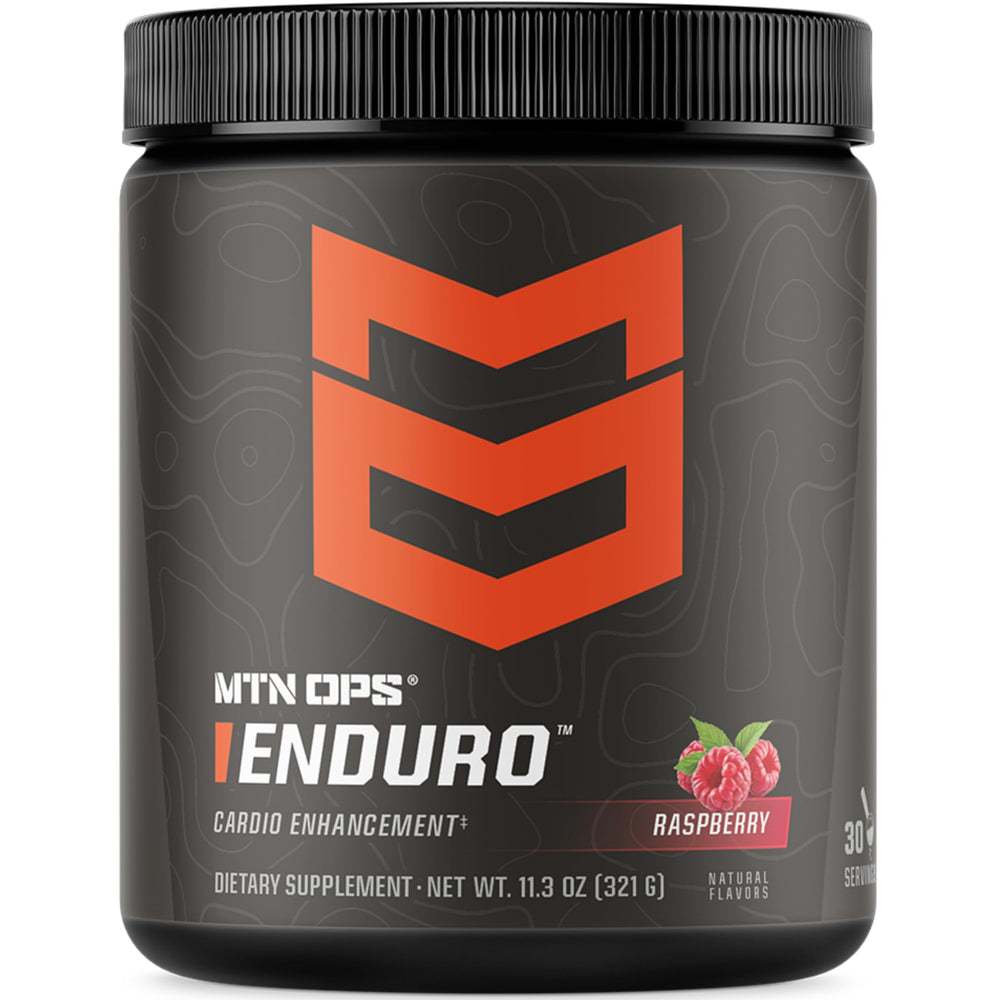 MTN OPS Enduro Raspberry tub shows 30 servings for non-stim energy support.