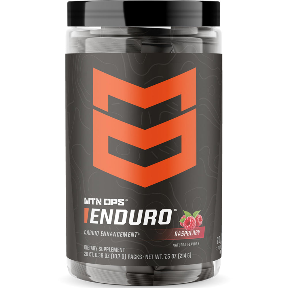 MTN OPS Enduro Trail Packs Raspberry front label, gluten-free pre-workout.