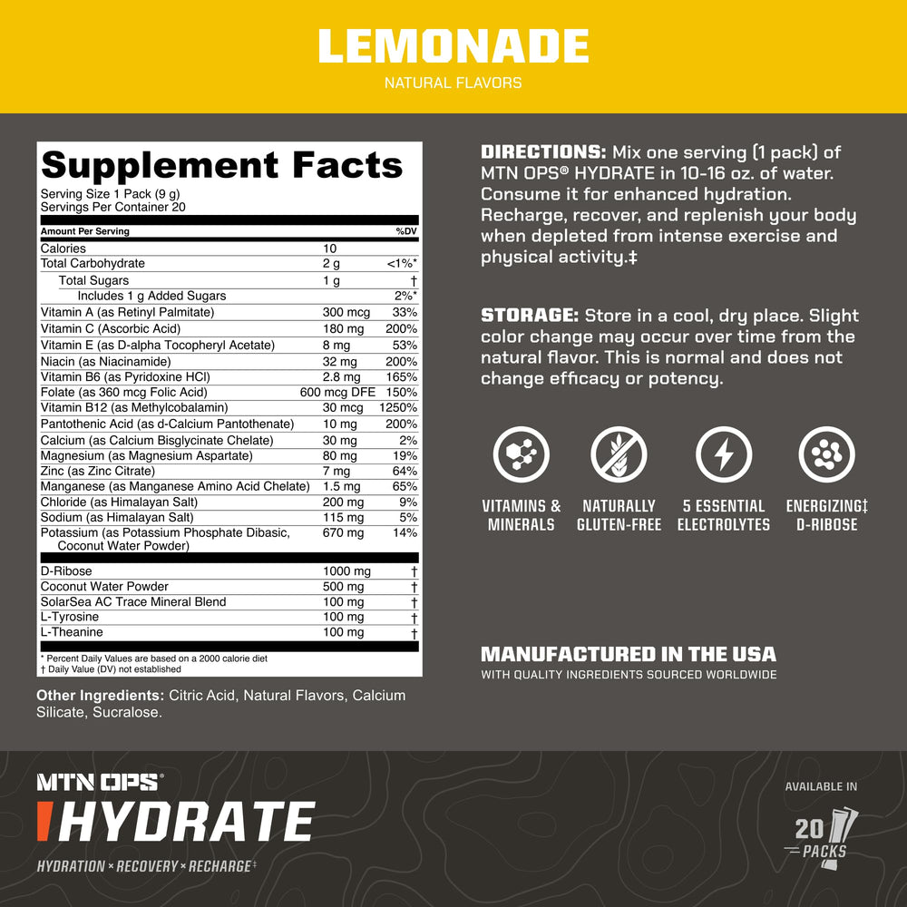 MTN OPS Hydrate lemonade powder being poured into a bottle for rapid absorption