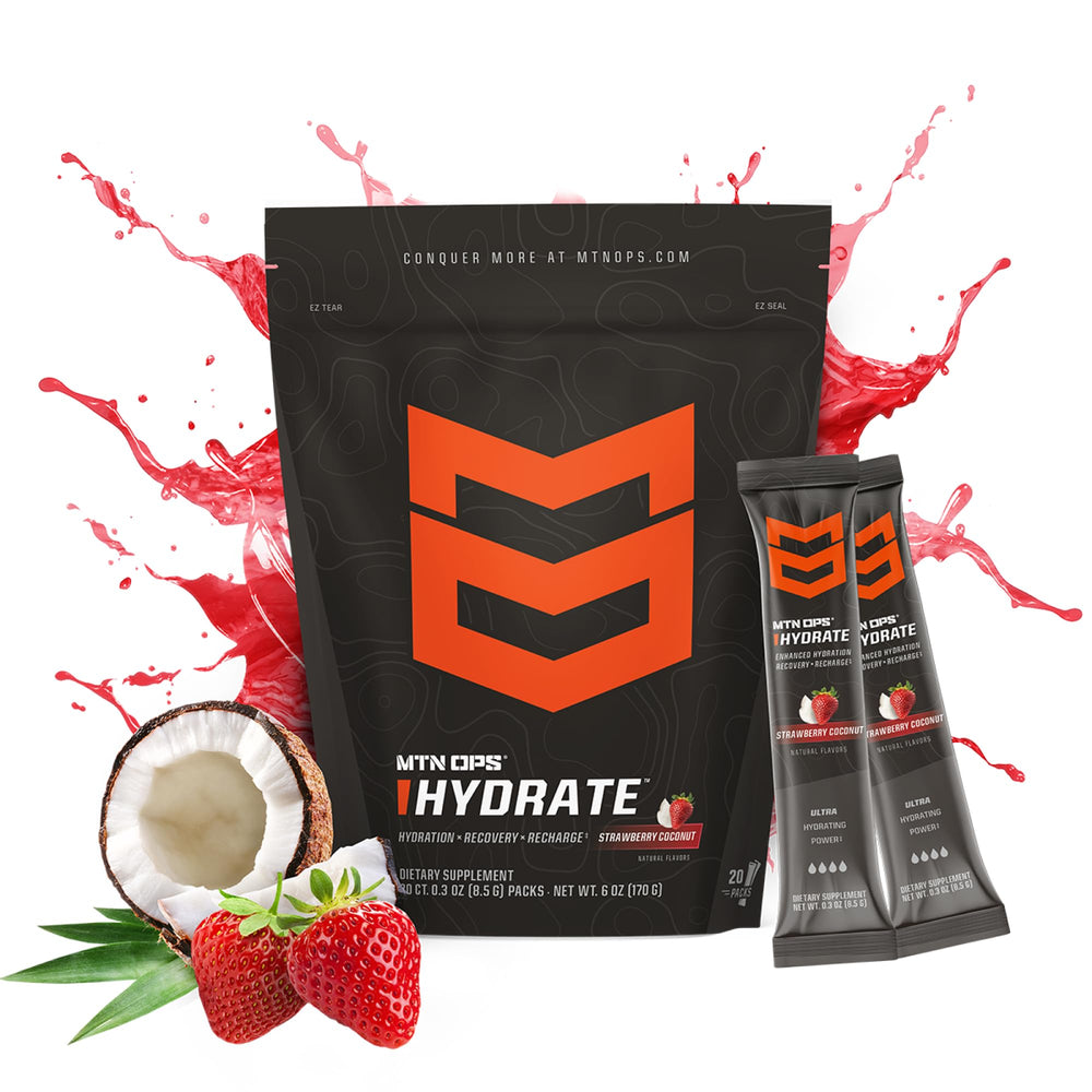 MTN OPS Hydrate strawberry coconut flavor powder dissolves in water for quick hydration.