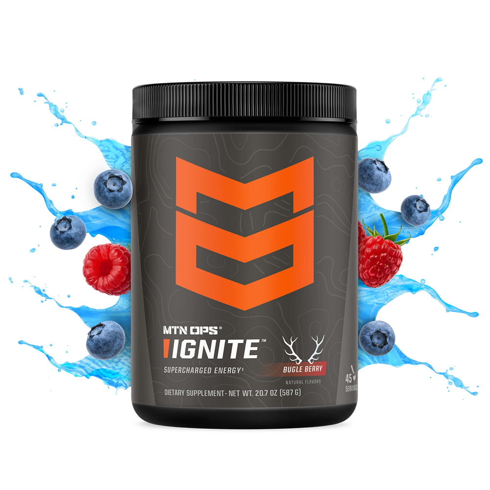 MTN OPS Ignite bugle berry powder with scoop for a refreshing workout drink