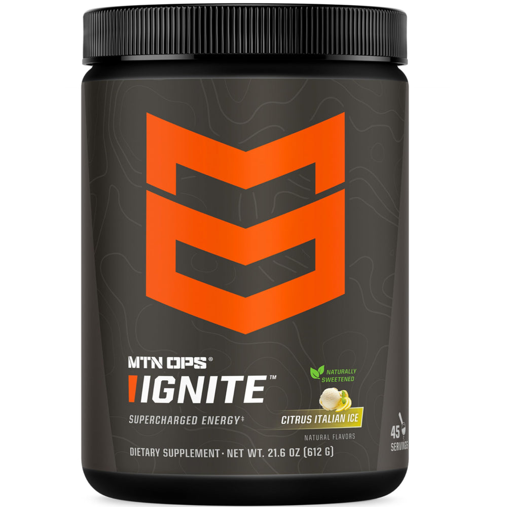 MTN OPS Ignite energy powder bottle showing monk fruit sweetness and clean energy for daily routines
