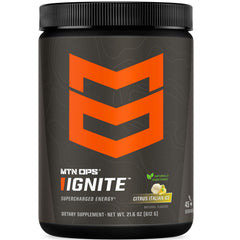 MTN OPS Ignite energy powder bottle showing monk fruit sweetness and clean energy for daily routines