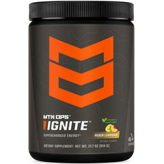 MTN OPS Ignite energy powder tub in Peach Lemonade for clean energy and focus.