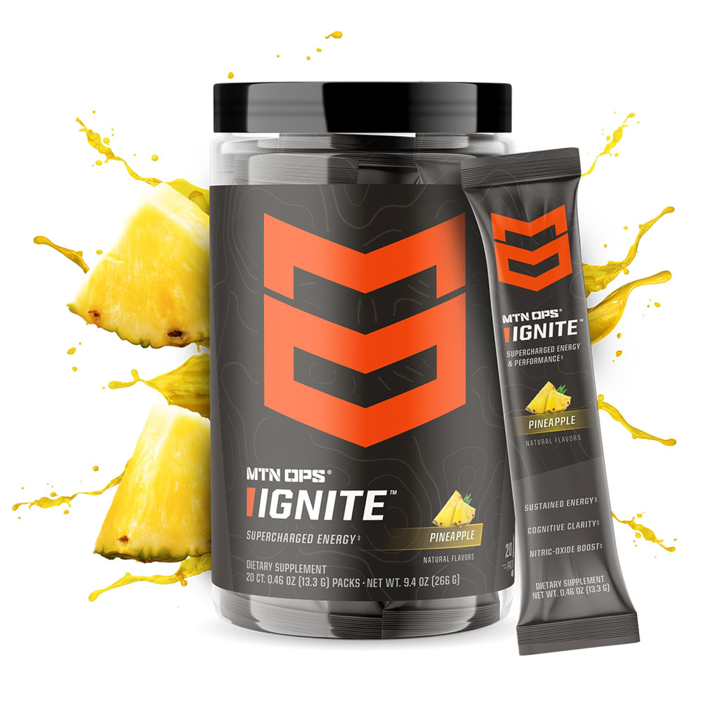 MTN OPS Ignite gluten-free formula on label, clean energy for sensitive diets.