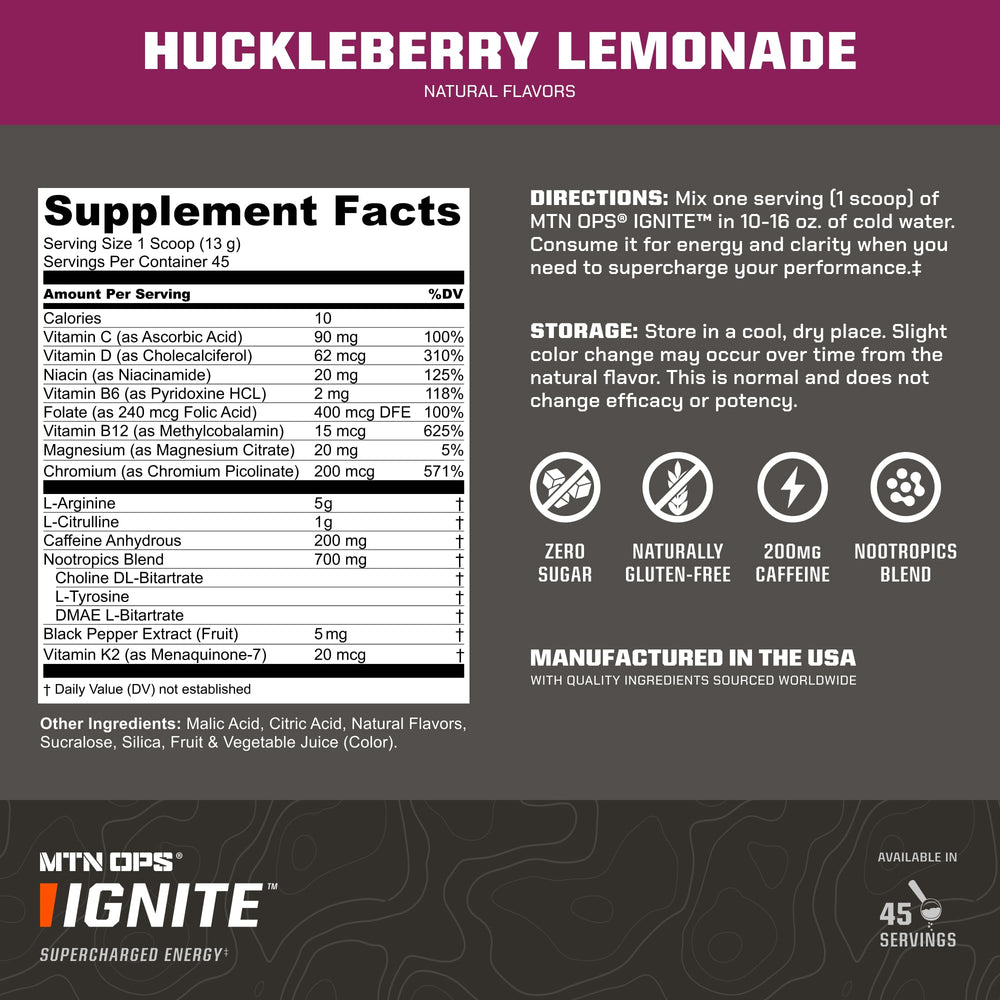 MTN OPS Ignite close-up of ingredients hints at L-arginine and L-citrulline benefits.